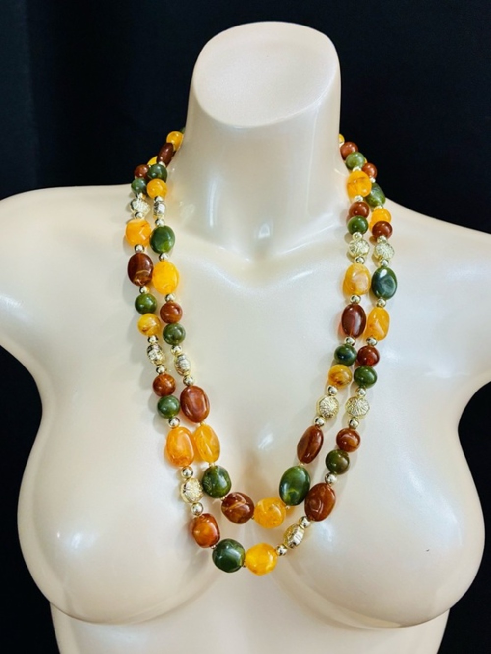 VTG Multi-Strand Amber, Green & Brown Beaded Necklace Earthy Natural Tones EUC